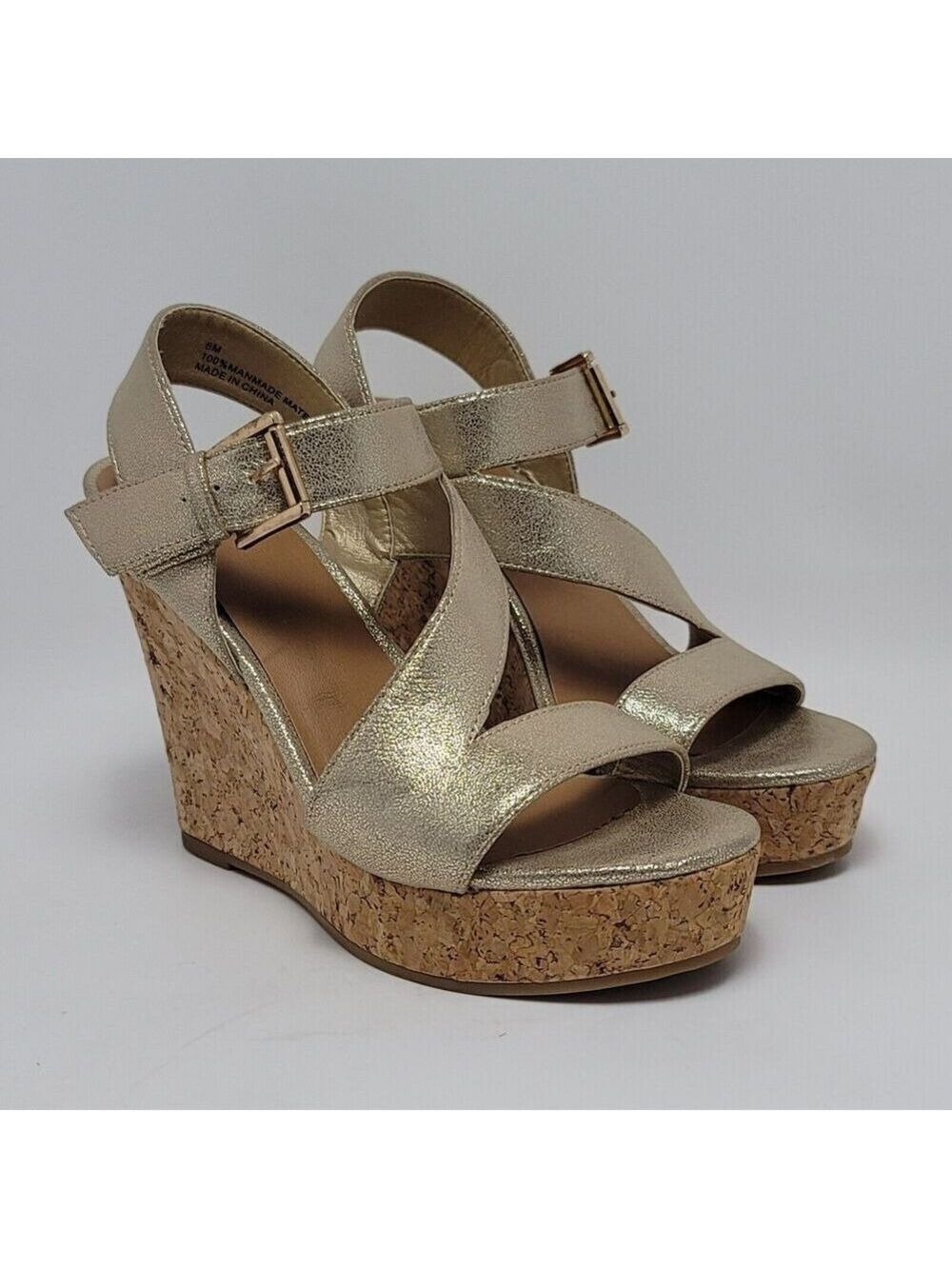 Womens Metallic Gold Glossy Open Toe Buckle Slingback Wedge Heel Sandals Size 8M